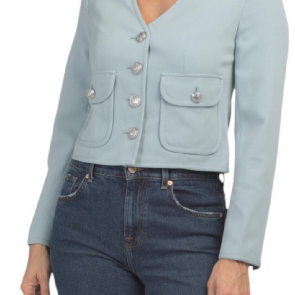 NWT Elie Tahari Cropped Blazer Silver Skies Blue Crest Buttons Tailored